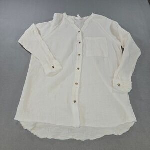 Sucolan Button Down Tunic Women Medium White Cotton Gauze Boho Raw Hem Shirt